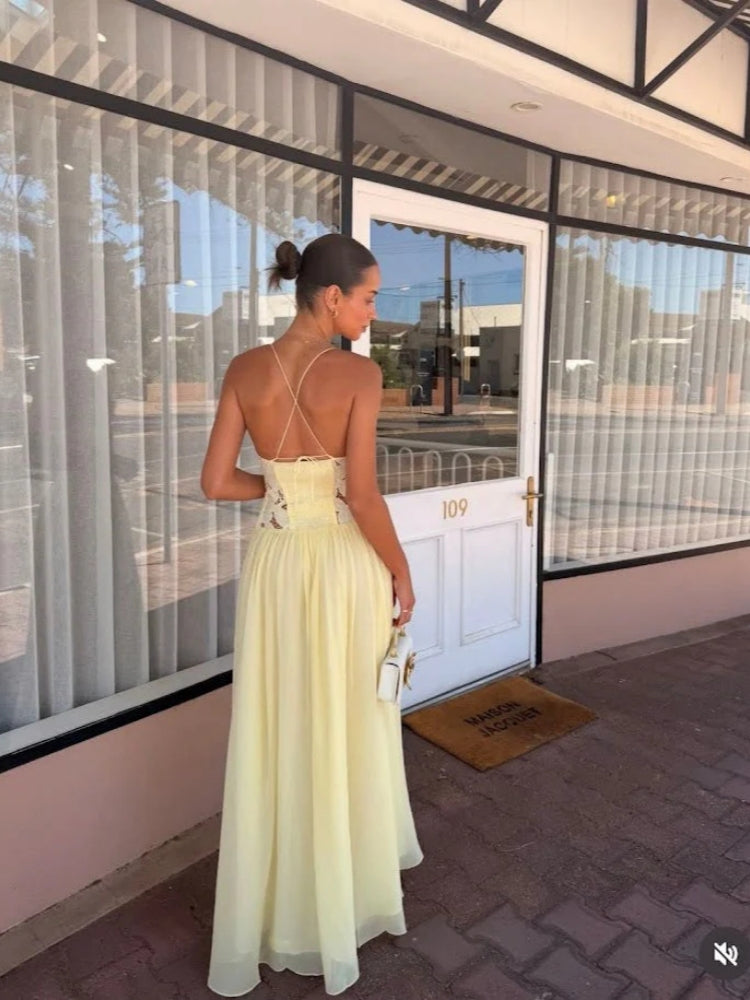 Creamy Yellow Lace Appliqu�� Chiffon Maxi Dress