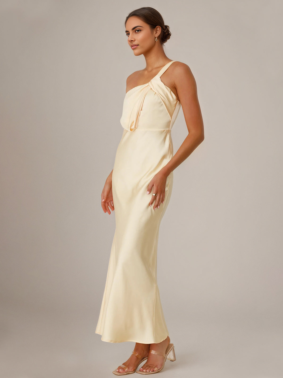 Yellow Satin Sheath/Column One-Shoulder Ankle Length Bridesmaid Dresses - View 5 | FashionDia