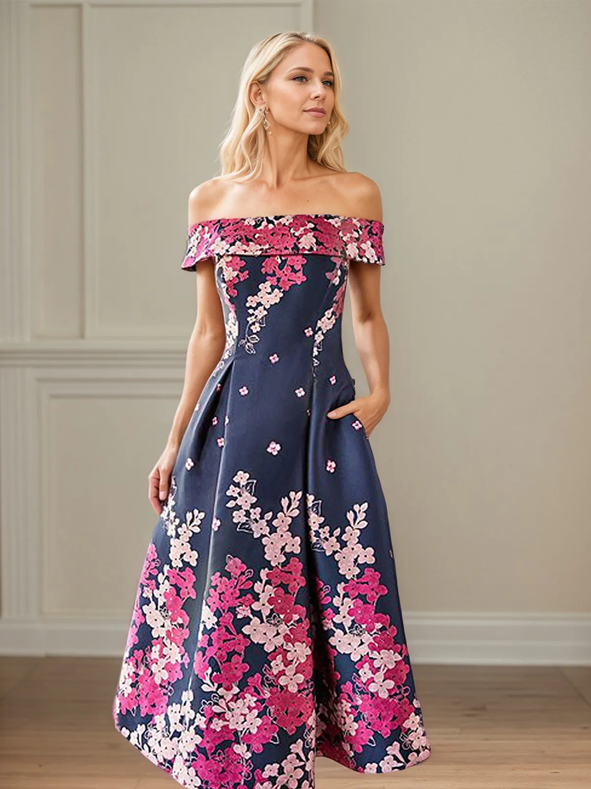A-Line Off-the-Shoulder Ankle Length Satin Floral Mother of the Bride Dress - View 3 | FashionDia