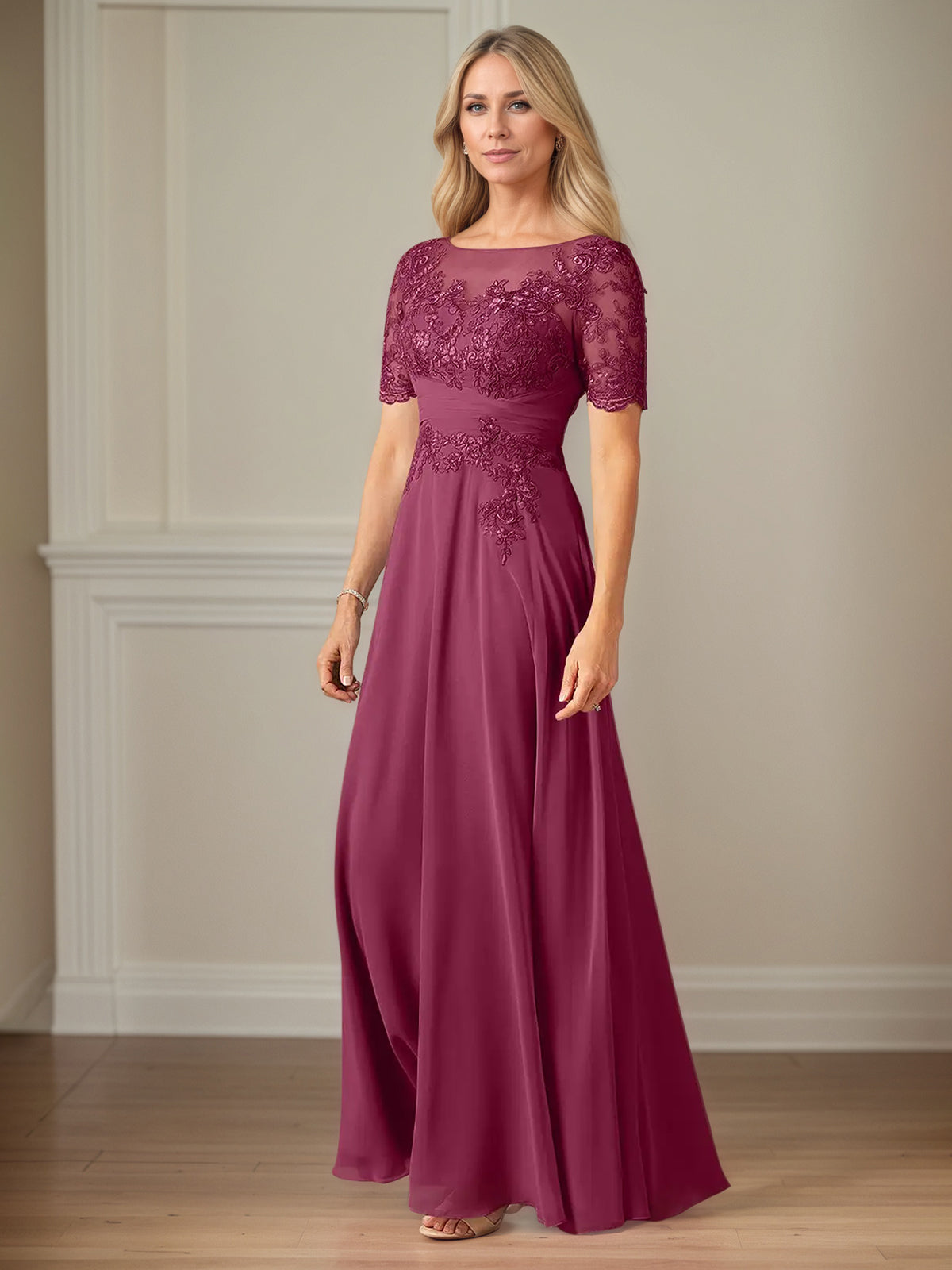 A-Line Chiffon Scoop Neck Short Sleeves Floor-Length Mother of the Bride Dresses With Appliques - View 5 | FashionDia