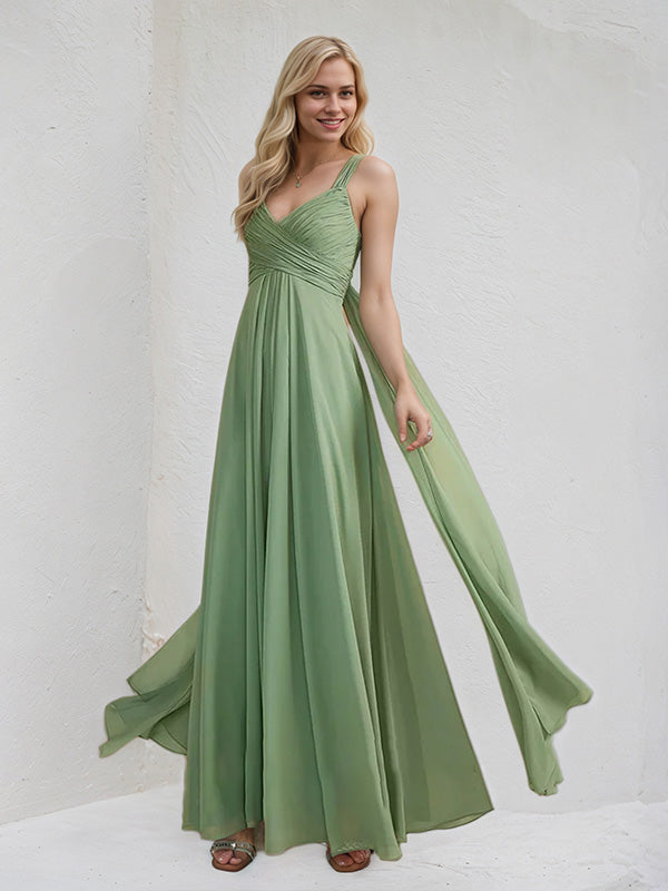 Basil A-Line V-Neck Floor-Length Chiffon Bridesmaid Dress With Ruffle