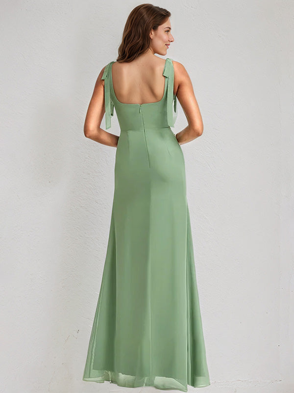 Basil Chiffon A Line Square Neck Sleeveless Floor Length Bridesmaid Dress