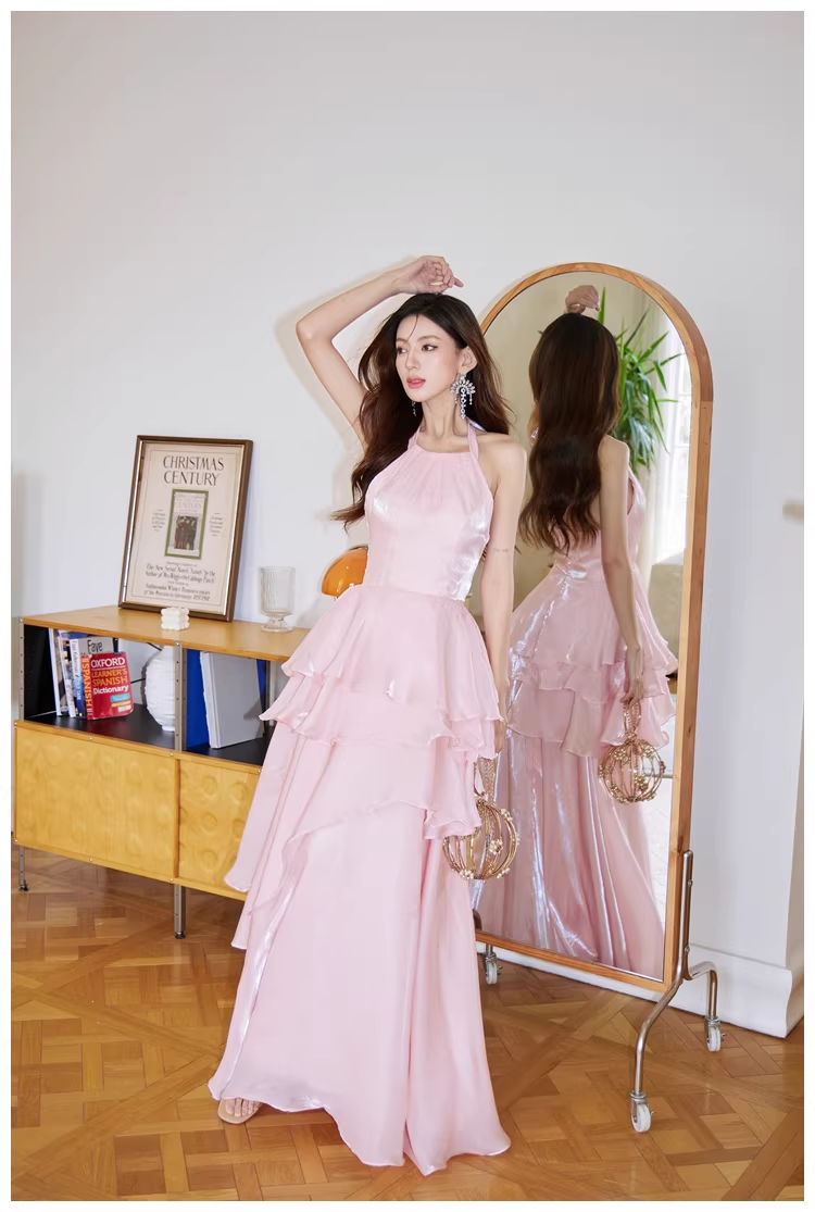Classy Halter Pink Satin Ruffles Long Birthday Party Dress Evening Dress - View 2 | FashionDia