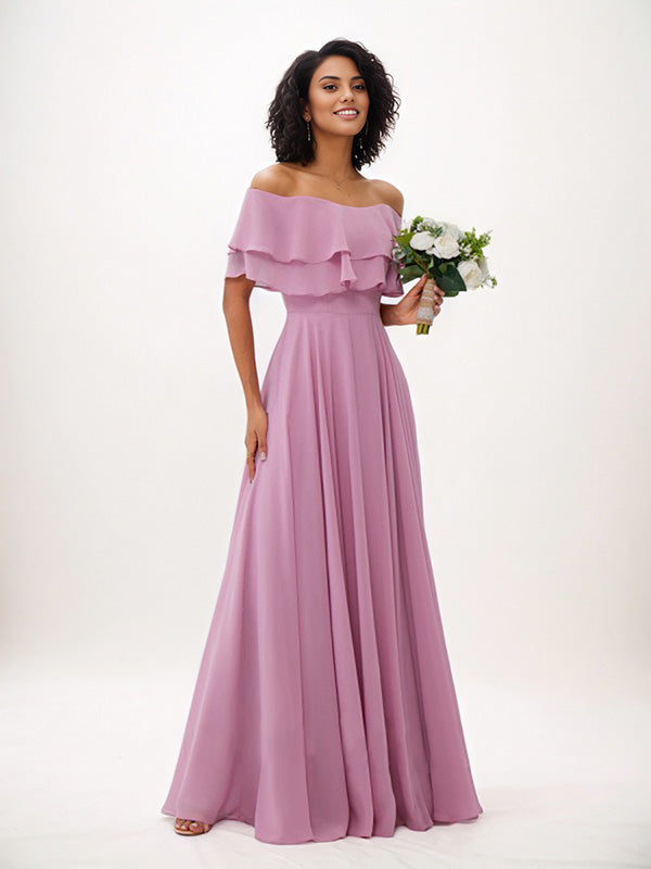 Wisteria A-Line Chiffon Ruffles Off-The-Shoulder Sleeveless Floor-Length Bridesmaid Dresses - FashionDia