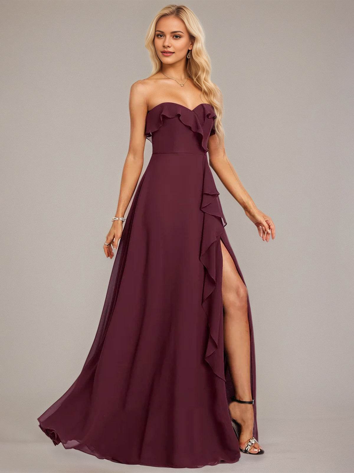Grape A-Line Sweetheart Floor-Length Chiffon Bridesmaid Dress With Ruffle