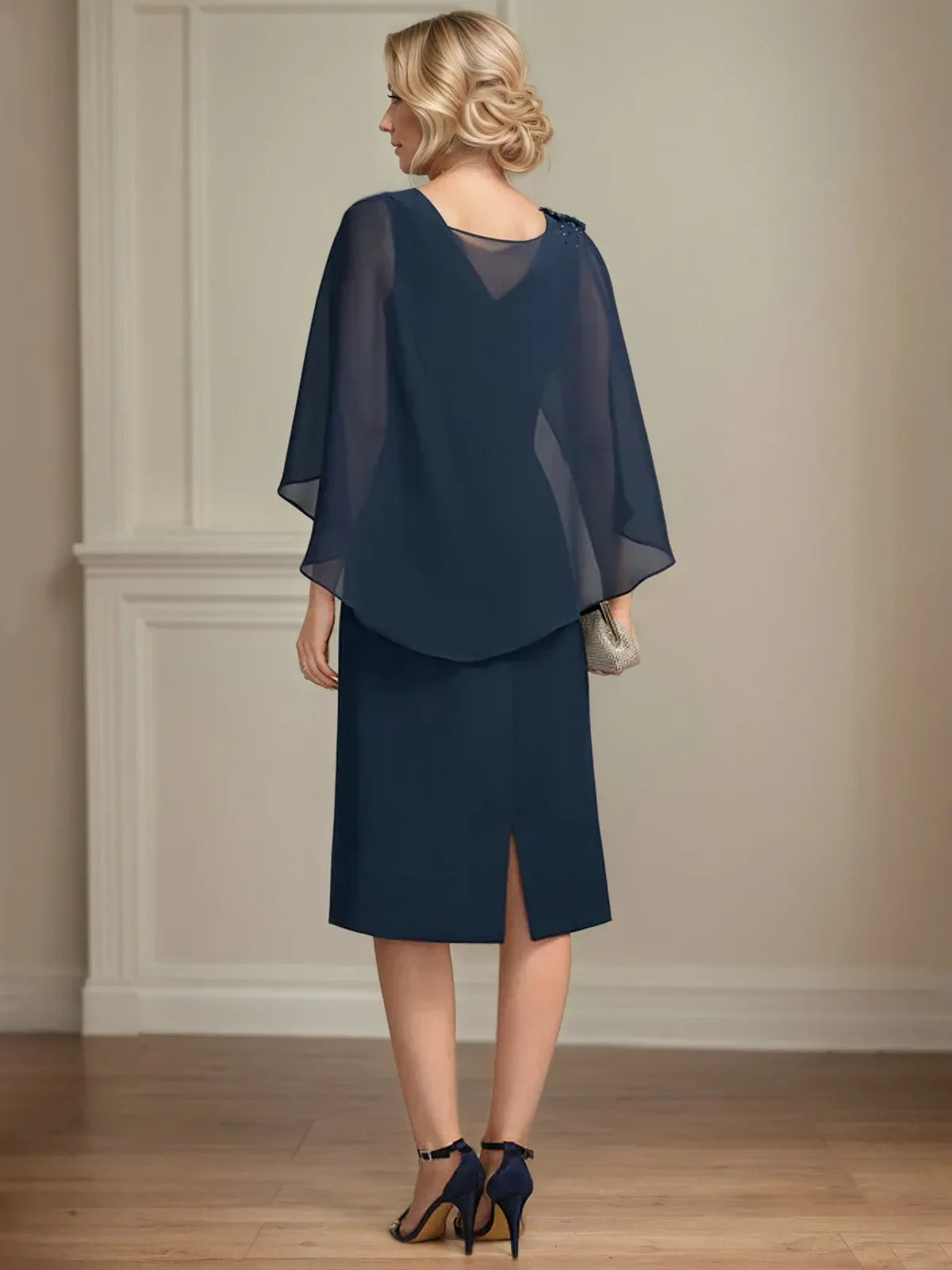Sheath/Column Scoop Knee-Length Chiffon Mother of the Bride Dress With Cascading Ruffles Beading - View 2 | FashionDia