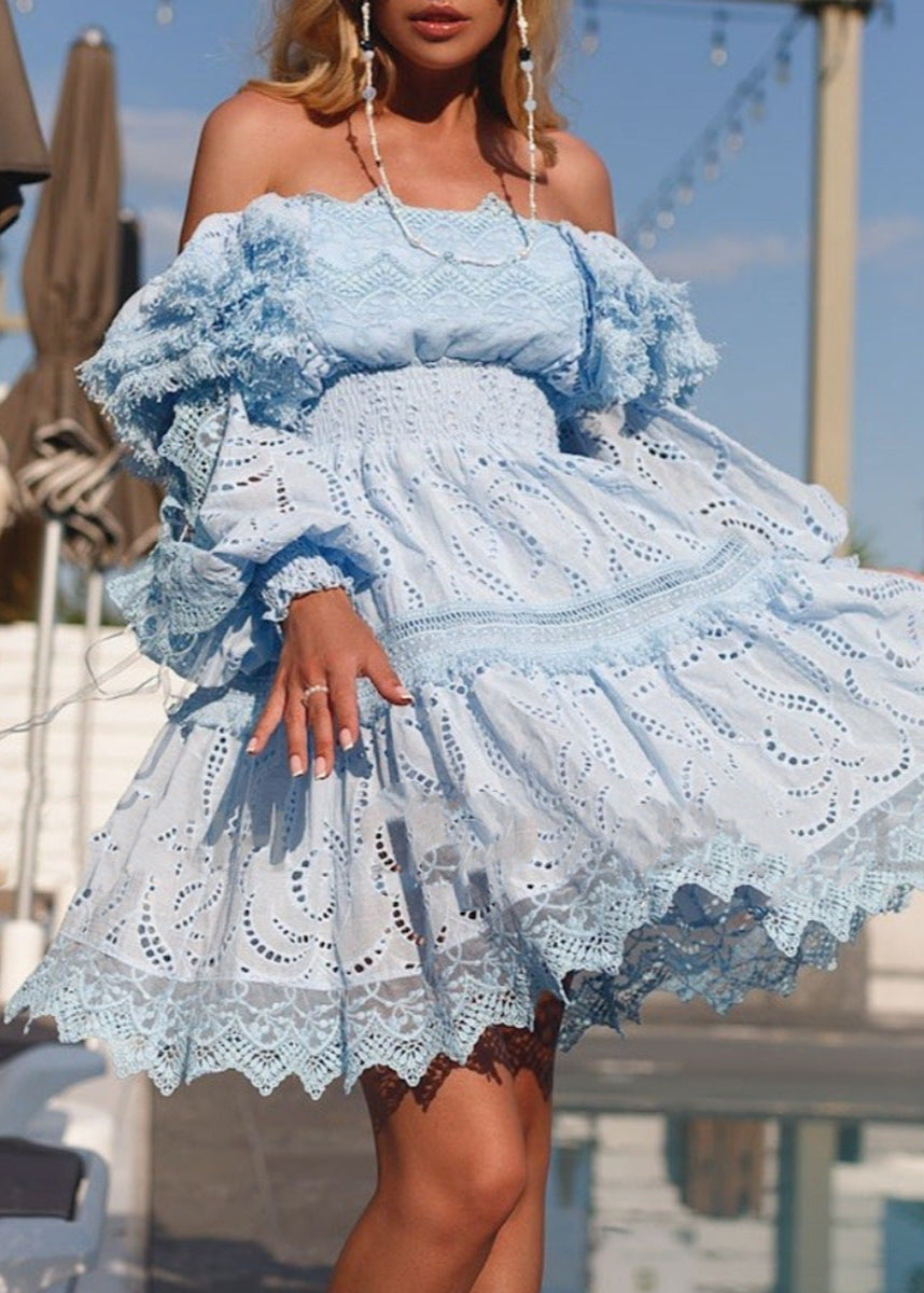 Seraphina Broderie Puff Sleeve Dress Blue Smocked A Line Mini