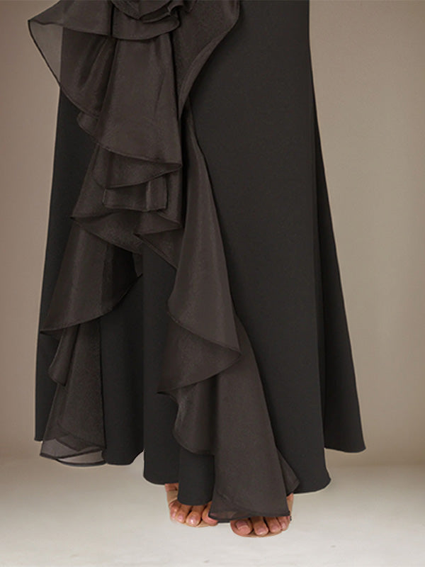 Black Stretch Crepe Off-the-Shoulder Sleeveless Ankle Length Dress With 3D Flower - View 5 | FashionDia