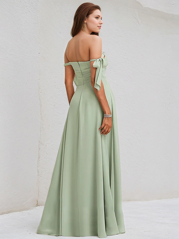 Celadon Chiffon A Line Off the Shoulder Sleeveless Floor Length Bridesmaid Dress