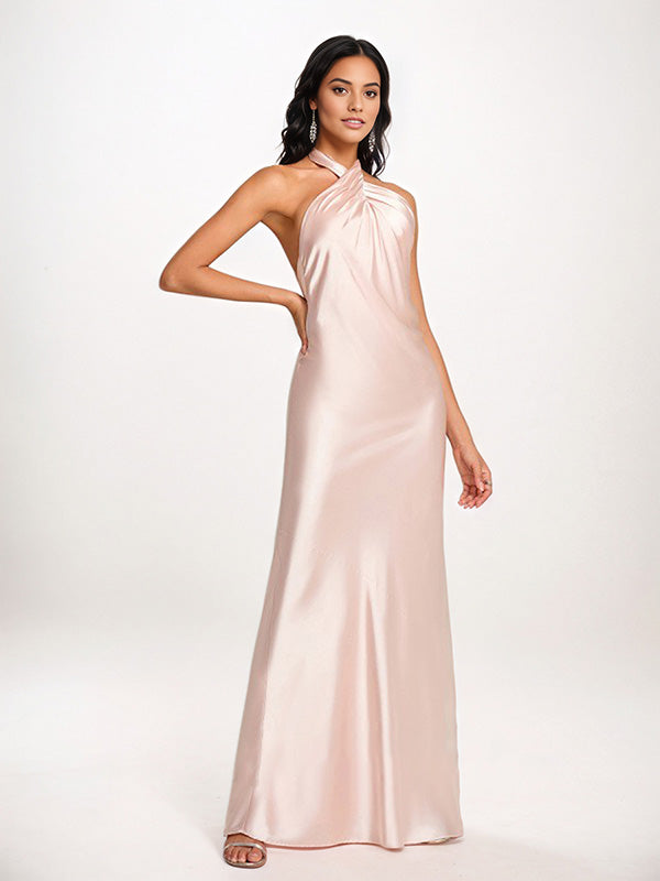 Pearl Pink Sheath/Column Halter Floor-Length Sleeveless Satin Bridesmaid Dress - View 5 | FashionDia