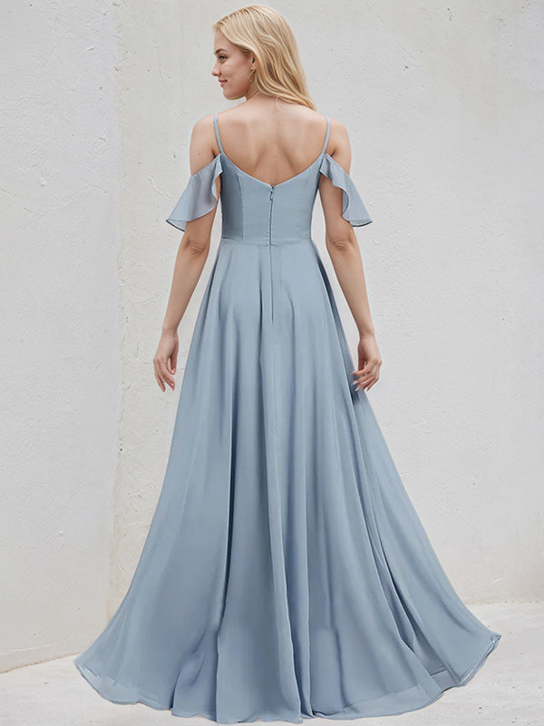 Dusty Blue Chiffon A-Line Spaghetti Straps Floor-Length Bridesmaid Dress With Ruffle - View 2 | FashionDia