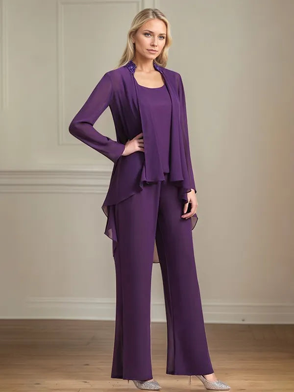 Chiffon Scoop Neck Long Sleeves Floor Length Mother Of The Bride Pantsuits