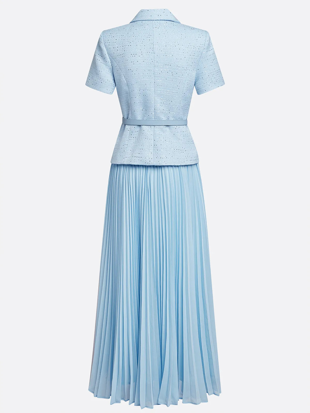 Women Light Blue Tweed Pleated Buckle Lapel Collar Short Sleeve Dressy Top With Skirt Two-Piece Set