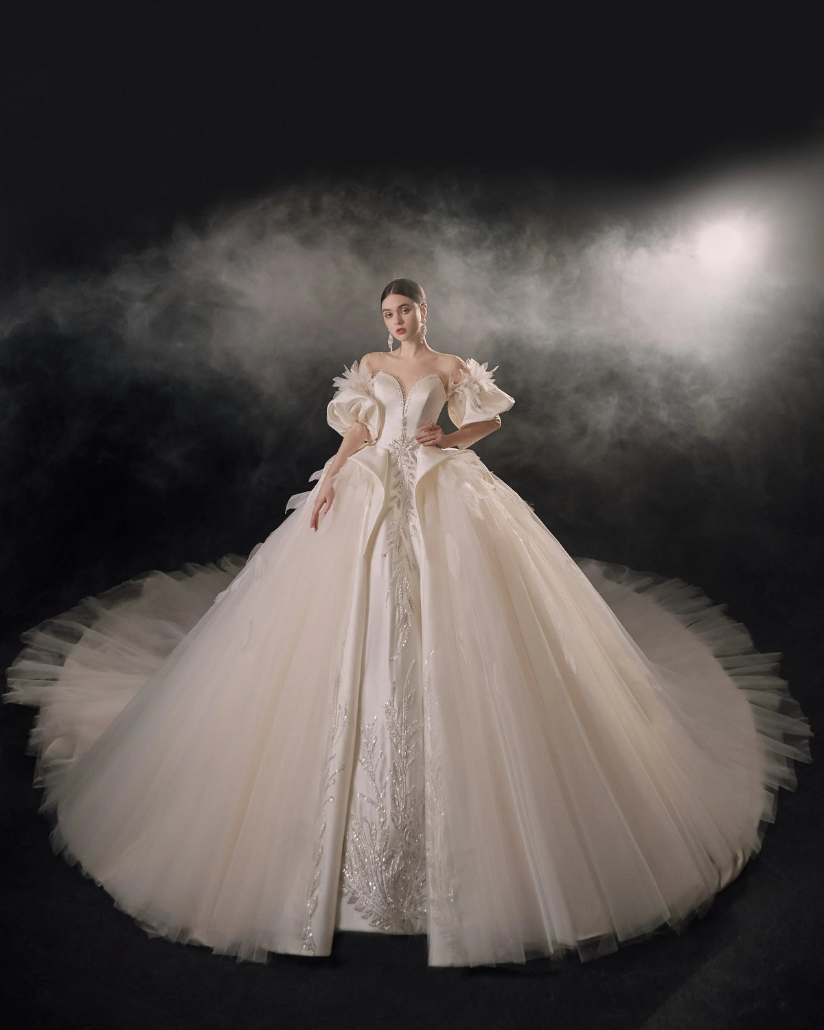 Lavish Sweetheart Ball Gown Satin Puff Sleeve Feather Trim Beaded Wedding Dress with Flowing Train E-302 (ZD16889)