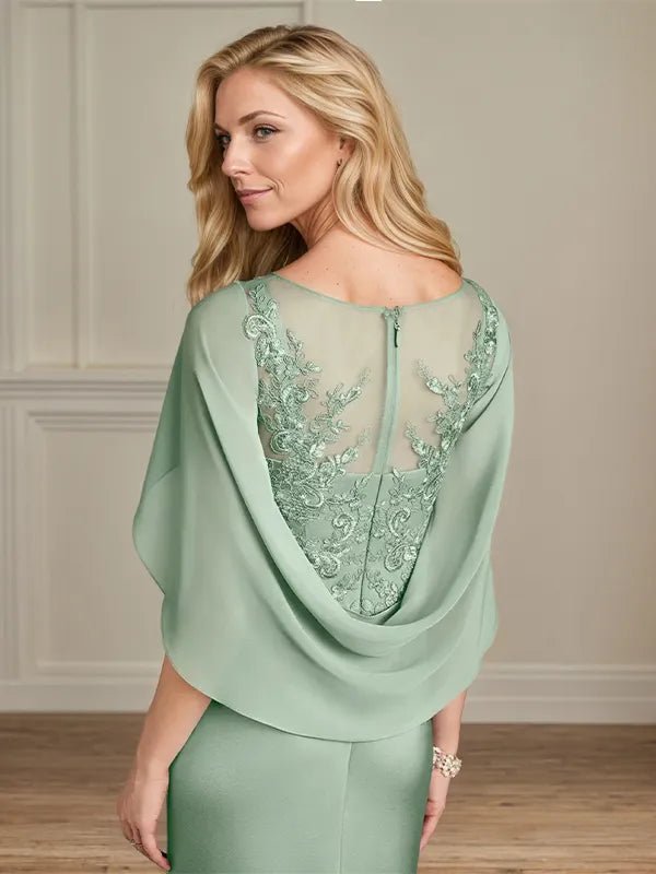 Sheath/Column Satin Scoop Neck Cap Sleeves Floor Length Mother Of The Bride Dresses