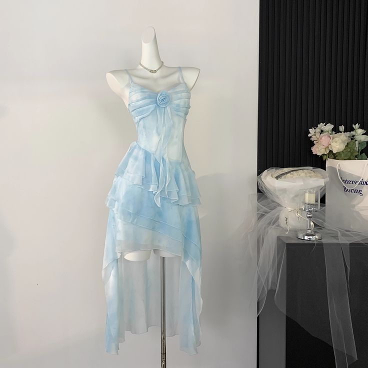 Beautiful High Low Spaghetti Straps Ice Blue Ombre Chiffon Prom Dress Party Dress