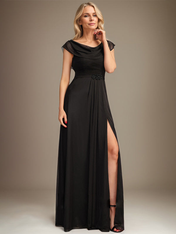 A-line Scoop Floor-Length Chiffon Mother of the Bride Dress With Pleated Beading - View 4 | FashionDia