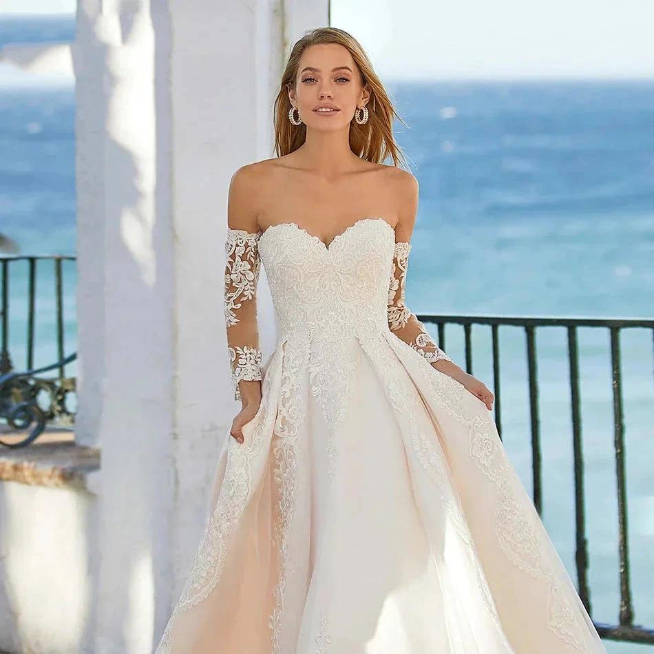 Word Wedding Dresses Women's Elegant Bohemian Beaded Sweetheart Princess Off Shoulder Long Sleeve Lace Applique Bride Gowns (ZD14170)