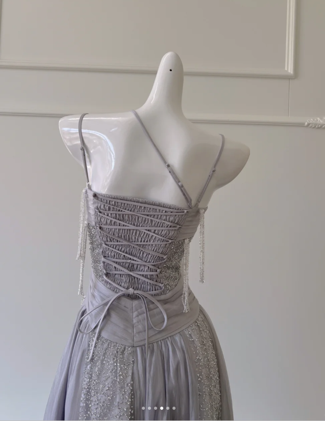Classy Purple Sequins Tulle Beaded Tassel Prom Dress A Line Evening Dress Y8586 - View 4 | VelvetHem
