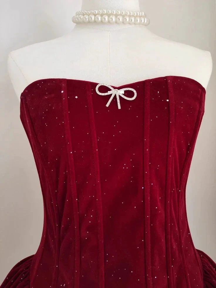 Cute A Line Strapless Burgundy Velvet Ruffles Homecoming Dress (ZD11326)