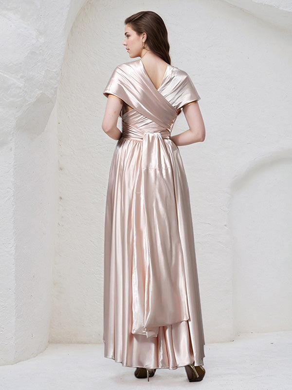 Pearl Pink Satin A Line Halter Neck Sleeveless Asymmetrical Bridesmaid Dress