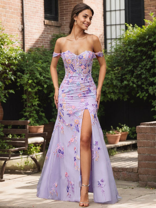 Purple Floral Mermaid Off the Shoulder Long Prom Dress With Slit