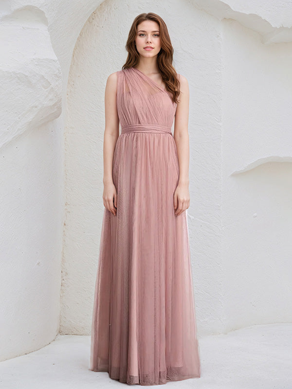 Dusty Rose A-Line Halter Neck Floor-Length Tulle Bridesmaid Dress