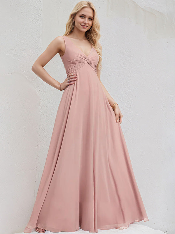 Dusty Rose Chiffon A Line V Neck Sleeveless Floor Length Bridesmaid Dress