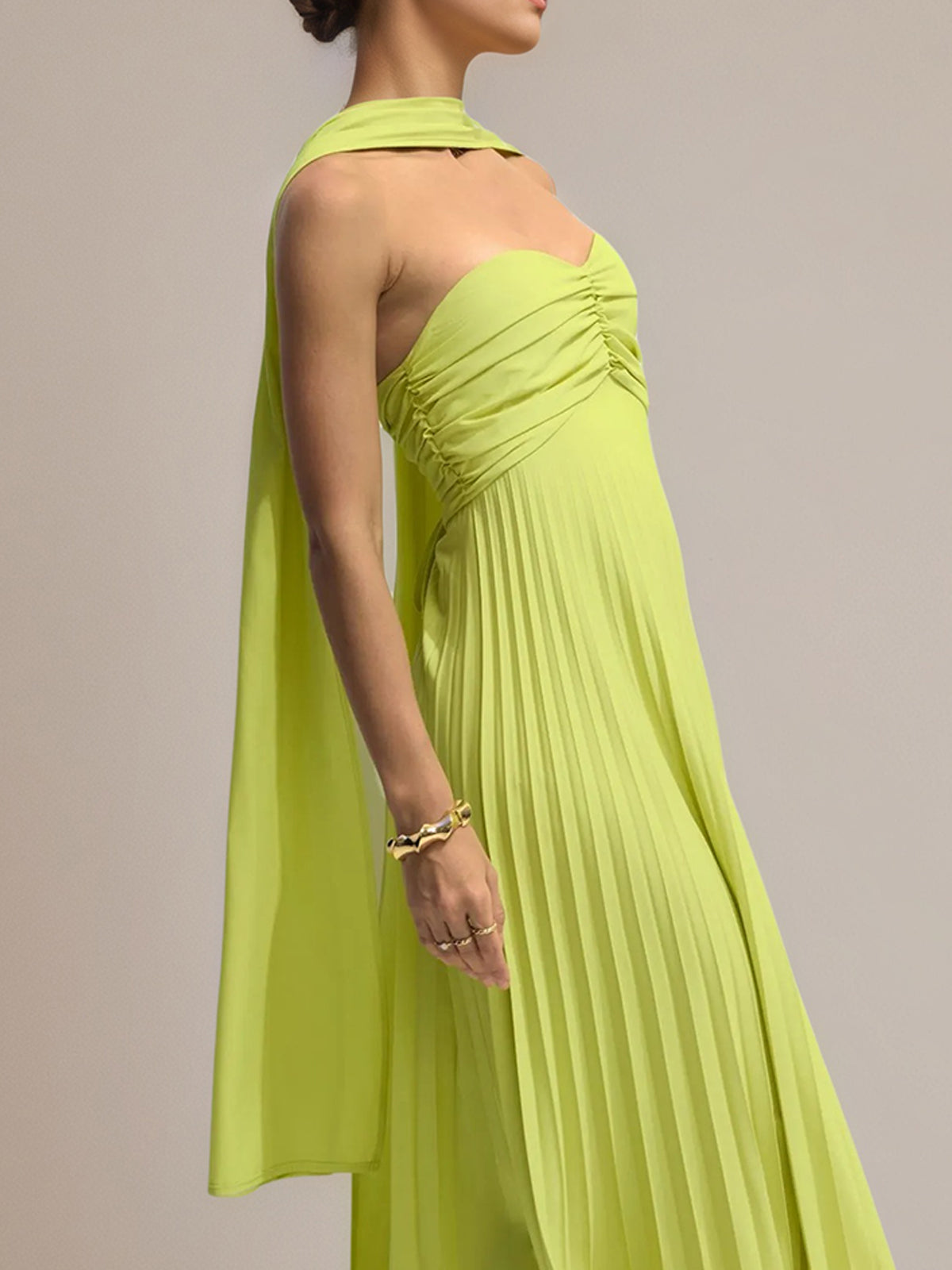 Green Chiffon A Line Off The Shoulder Sleeveless Floor Length Pleated Dress