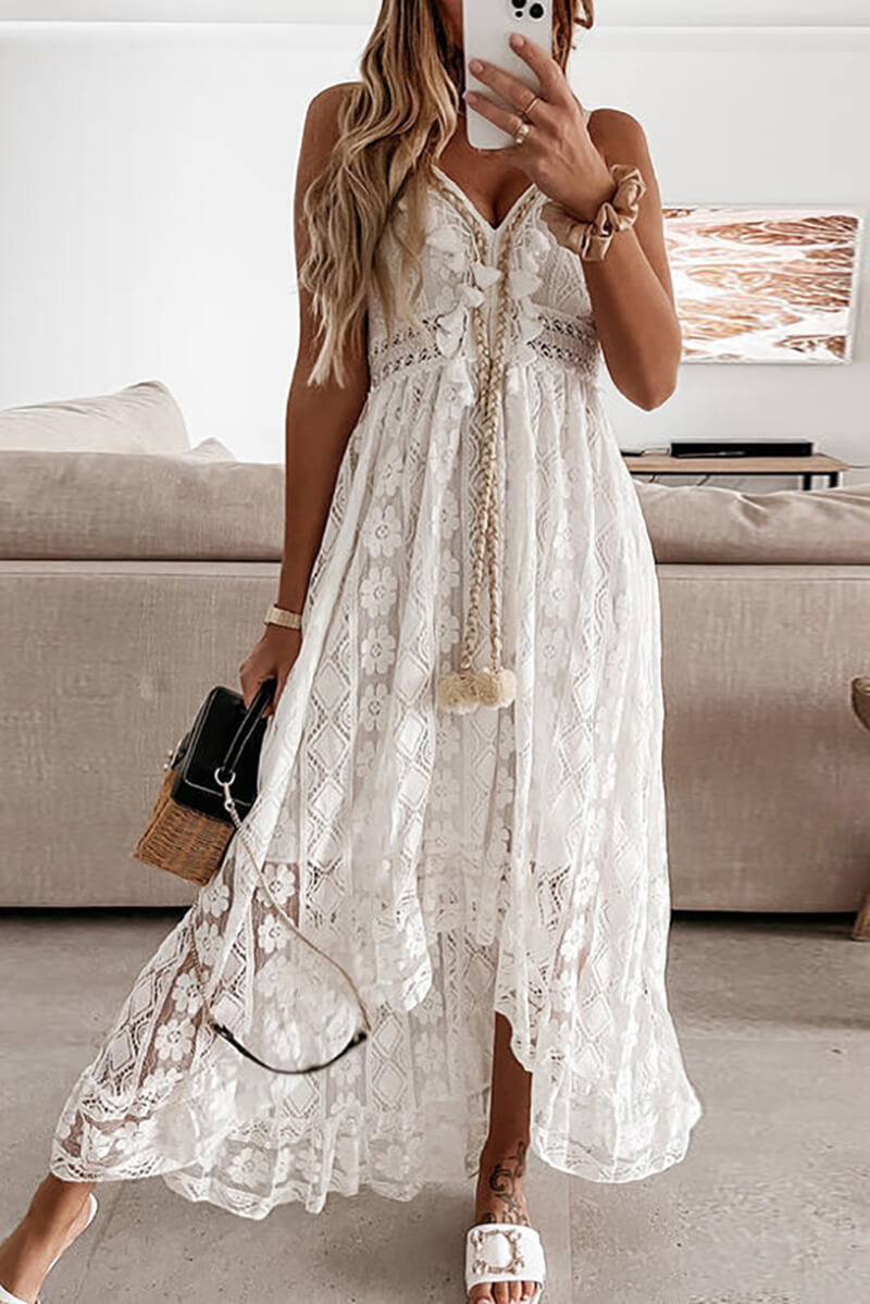 Mandy Boutique Lace and Ruffle Mullet Midi Dress Chic Silhouette Collection