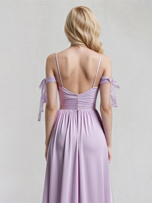 Lilac A-Line Chiffon Spaghetti Straps Sleeveless Floor-Length Dress With Bow - View 6 | FashionDia