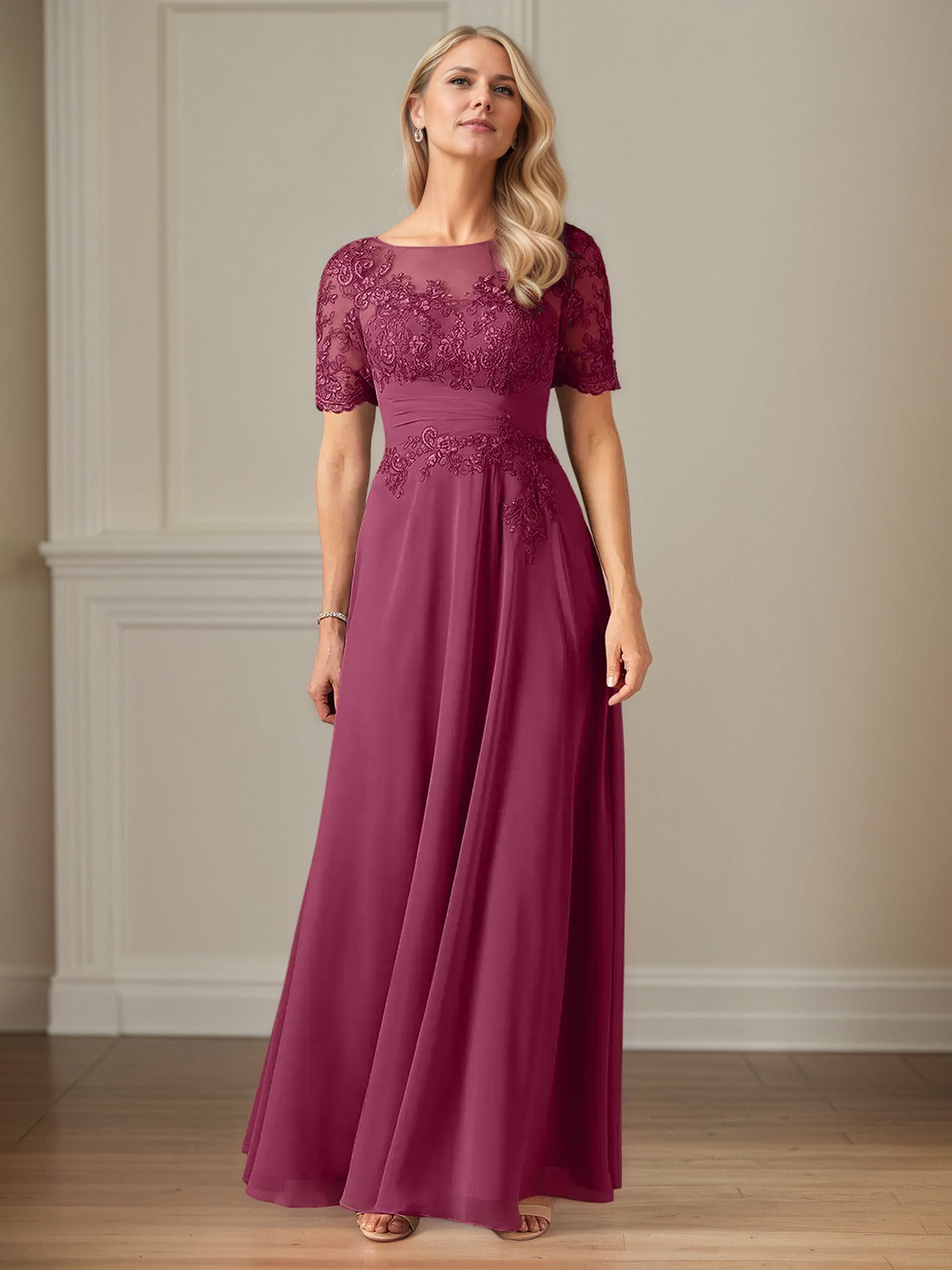 A-Line Chiffon Scoop Neck Short Sleeves Floor-Length Mother of the Bride Dresses With Appliques - View 6 | FashionDia
