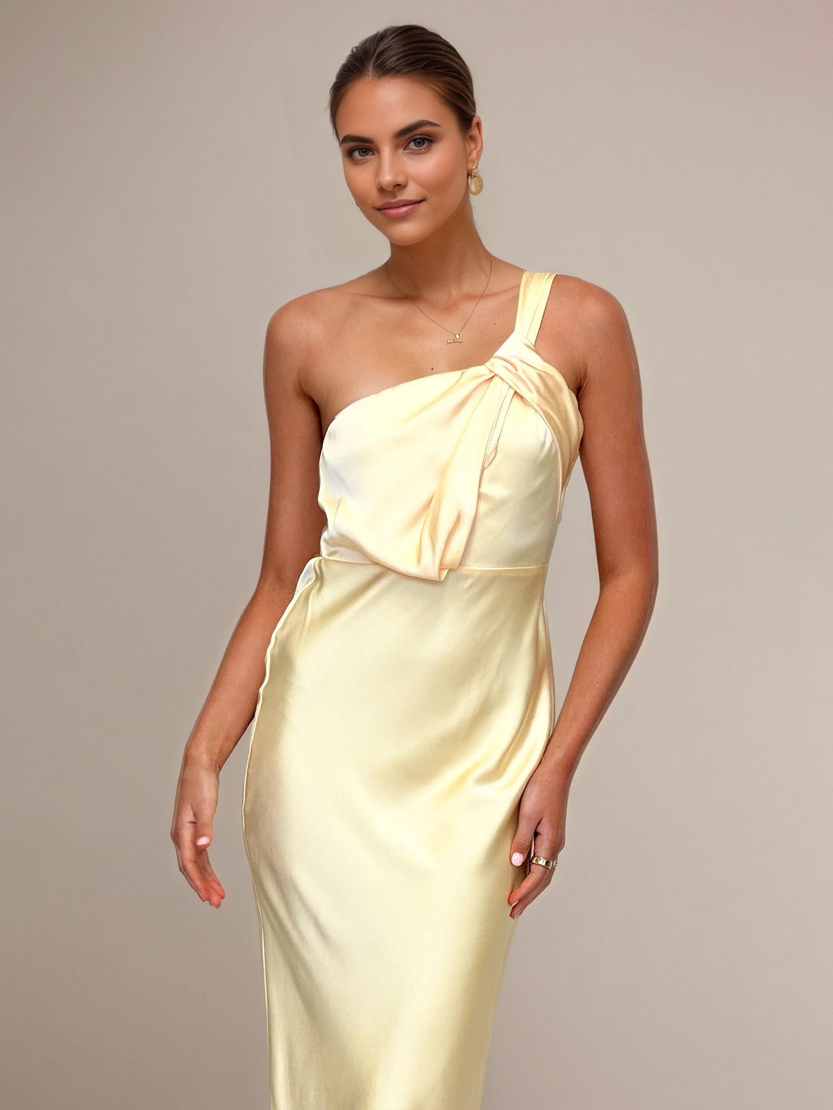 Yellow Satin Sheath/Column One-Shoulder Ankle Length Bridesmaid Dresses - View 6 | FashionDia
