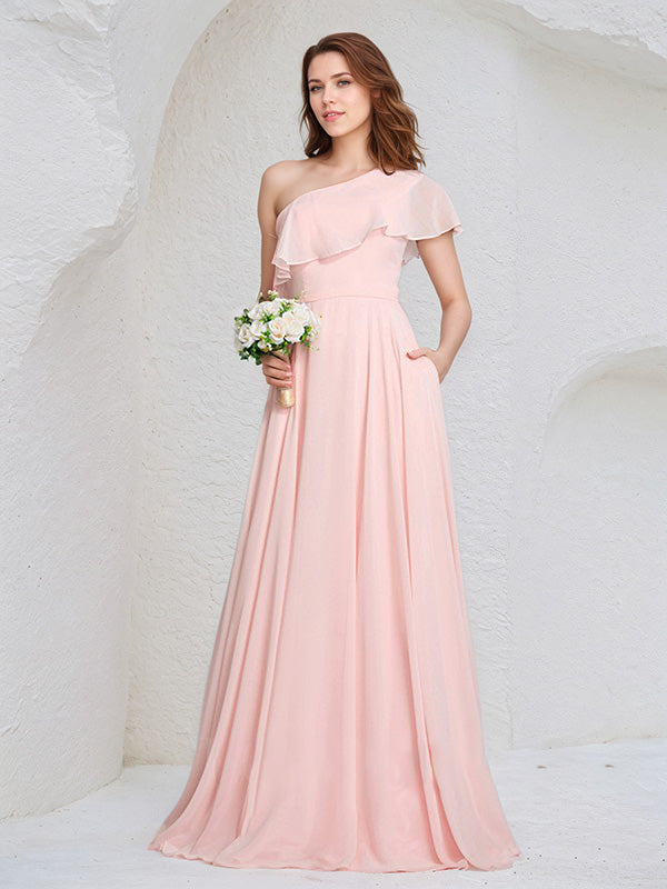 Pink Chiffon A-Line One Shoulder Floor-Length Sleeveless Bridesmaid Dress With Ruffles