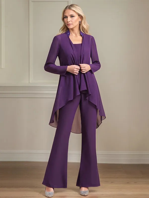 Chiffon Scoop Neck Long Sleeves Floor Length Mother Of The Bride Pantsuits