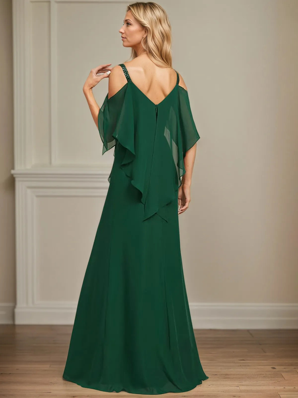 Sheath/Column Cold Shoulder V-Neck Floor-Length Chiffon Dress With Cascading Ruffles Sequins Beading - View 2 | FashionDia