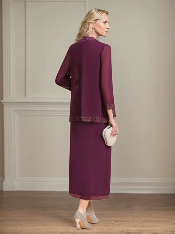 Sheath/Column Chiffon V Neck 3/4 Sleeves Tea Length Mother Of The Bride Dress