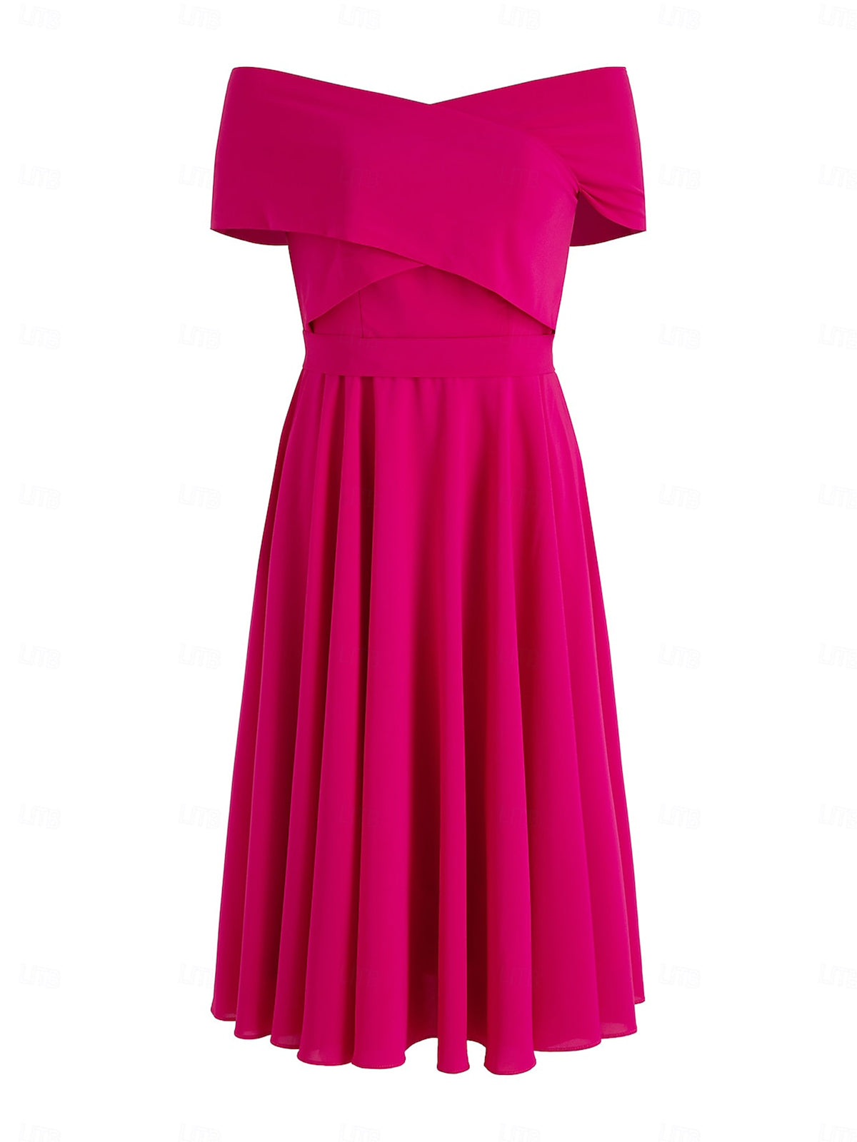 Fuchsia Stretch Crepe A-Line Off-the-Shoulder Short Sleeves Tea-Length Mother of the Bride Dresses - View 6 | FashionDia