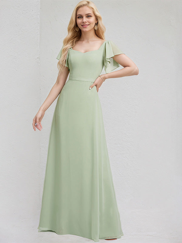 Celadon Chiffon A Line V Neck Short Sleeves Floor Length Bridesmaid Dress With Ruffle