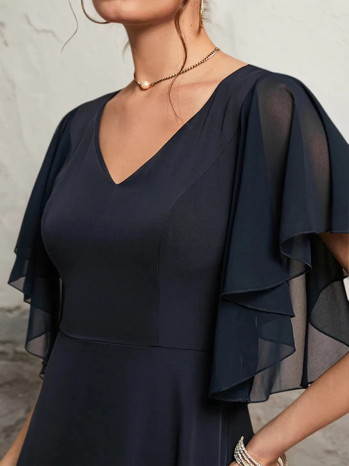 Purplish blue Chiffon V Neck Short Sleeve Bell Sleeve A-Line Midi Dress