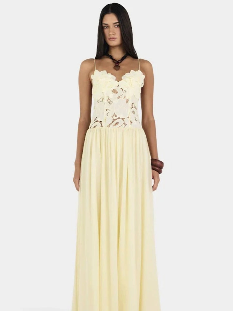 Creamy Yellow Lace Appliqu�� Chiffon Maxi Dress