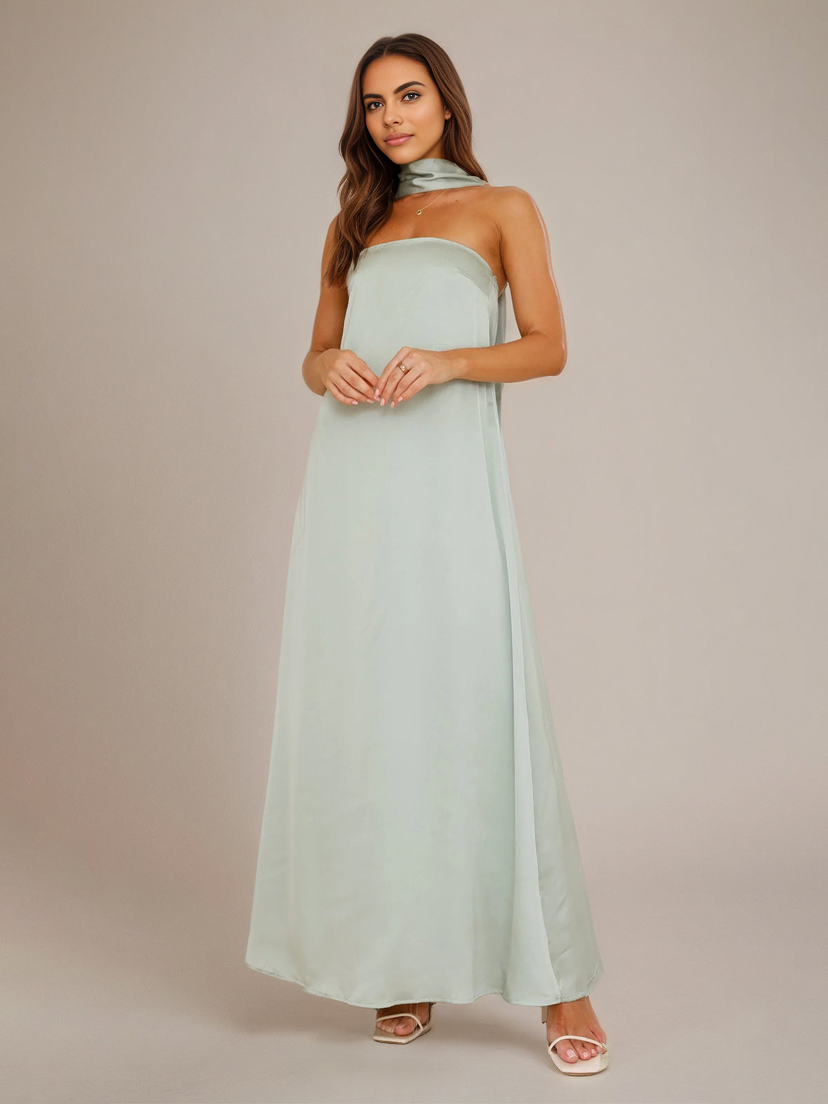 Sage Satin A Line Halter Neck Sleeveless Floor Length Bridesmaid Dresses