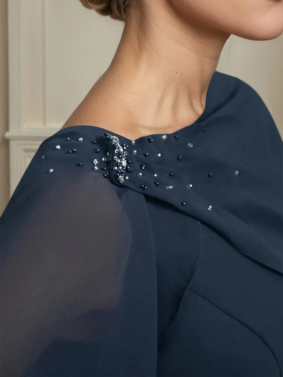 Sheath/Column Scoop Knee-Length Chiffon Mother of the Bride Dress With Cascading Ruffles Beading - View 8 | FashionDia