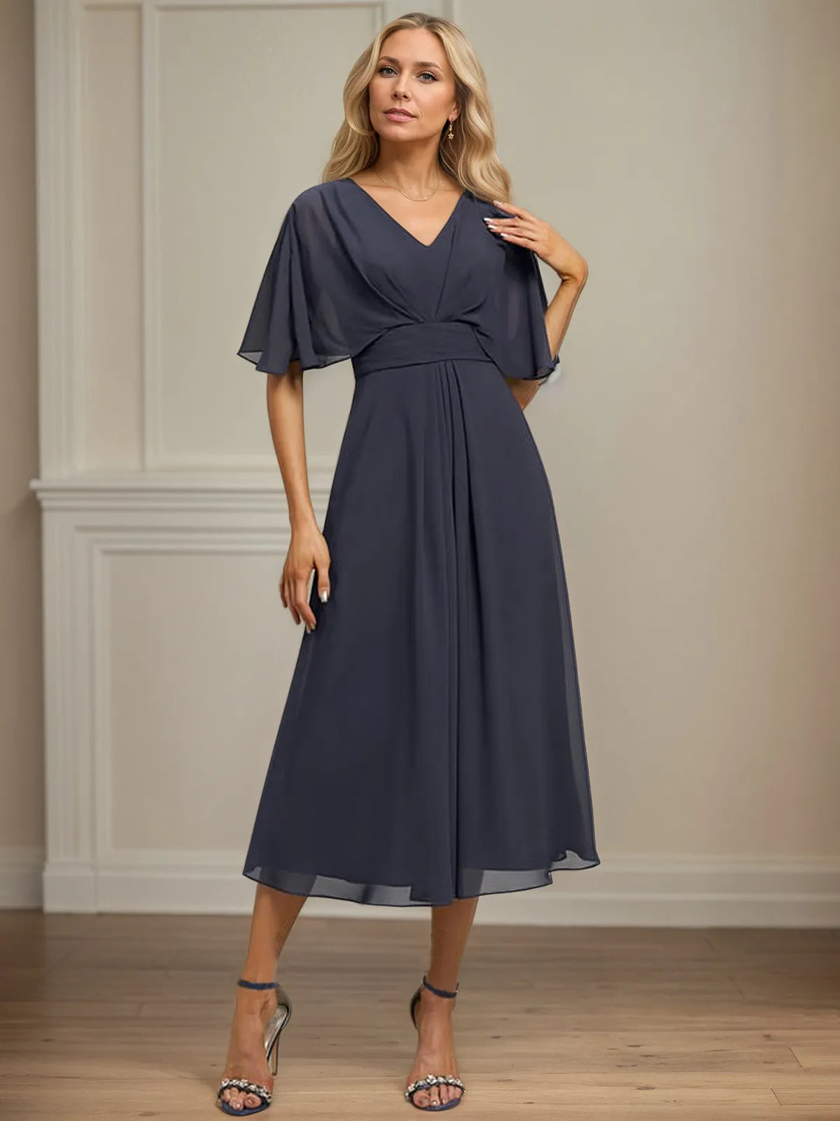 A Line V-Neck Tea-Length Chiffon Dress With Pleated
