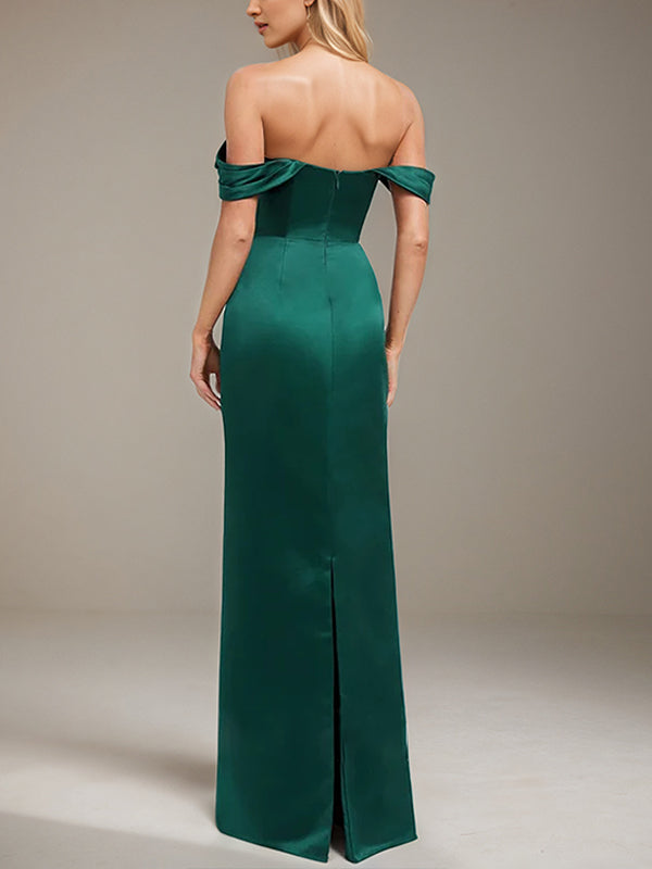 Emerald Sheath/Column Off the Shoulder Floor-Length Satin Bridesmaid Dress