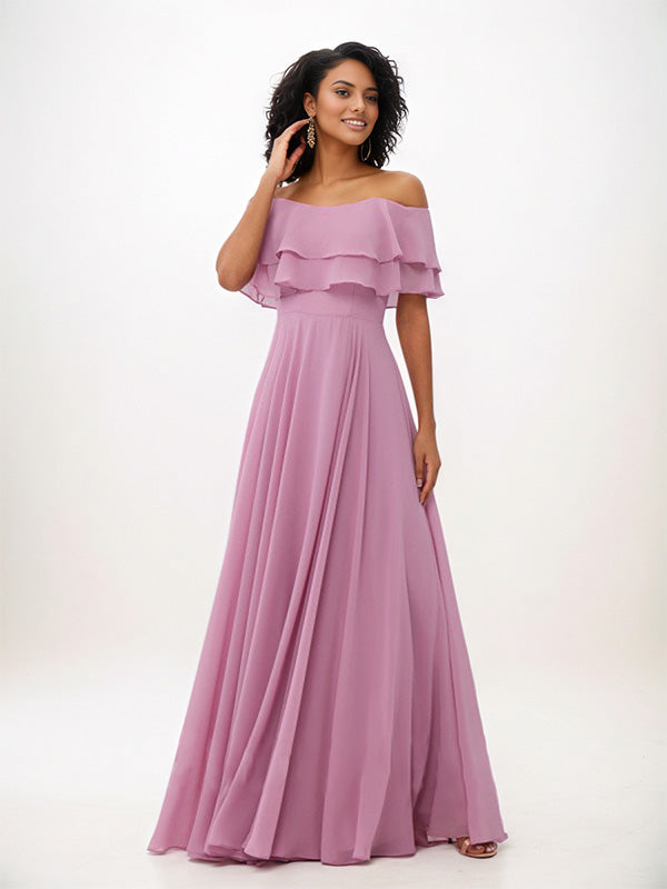 Wisteria A-Line Chiffon Ruffles Off-The-Shoulder Sleeveless Floor-Length Bridesmaid Dresses - View 6 | FashionDia