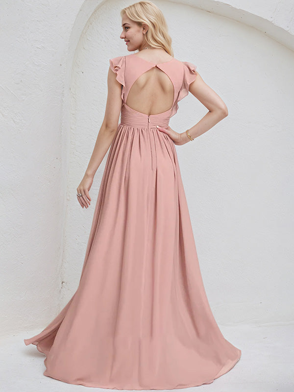 Dusty Rose Chiffon A-Line V-Neck Sleeveless Floor-Length Bridesmaid Dress With Ruffle - View 2 | FashionDia