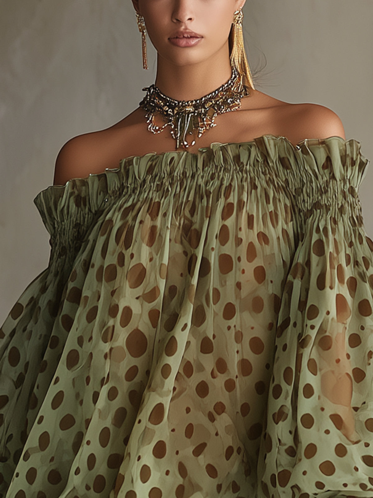 Green Polka Dot Off-Shoulder Chiffon Mini Dress with Lace Hem
