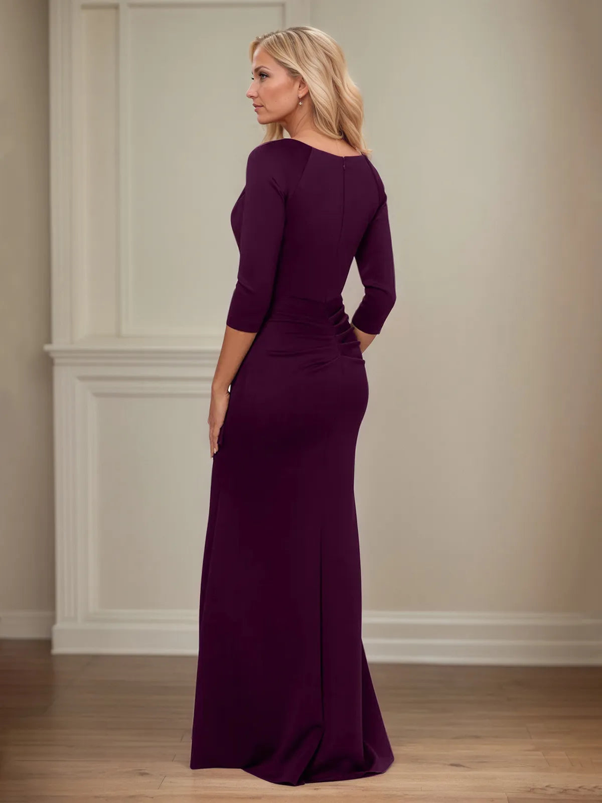 Trumpet/Mermaid V-Neck 3/4 Sleeve Floor-Length Stretch Crepe Mother of the Bride Dress With Ruffles - View 10 | FashionDia