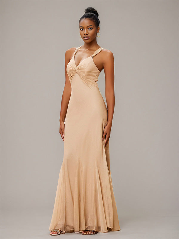 Champagne Trumpet/Mermaid Chiffon V Neck Sleeveless Floor-Length Bridesmaid Dresses